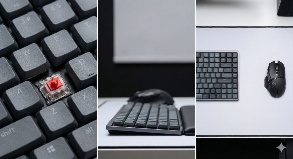 Keychron K3 MAXのキーキャップを外した状態のクローズアップ写真。静音で打鍵感が軽い赤軸(Red Switch)メカニカルスイッチの構造がはっきりと見える。